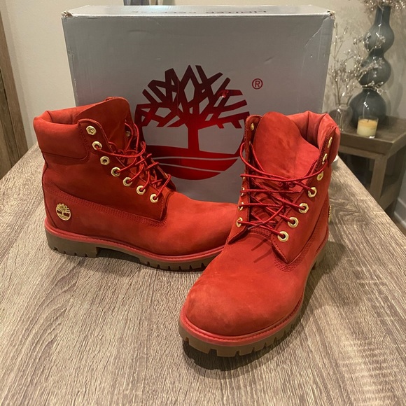 all red timberlands boots